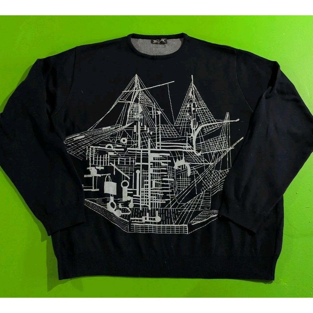 Vintage St. Croix Knit Sweater‎ USA Made Navy Blue Abstract Sketches Pullover XL